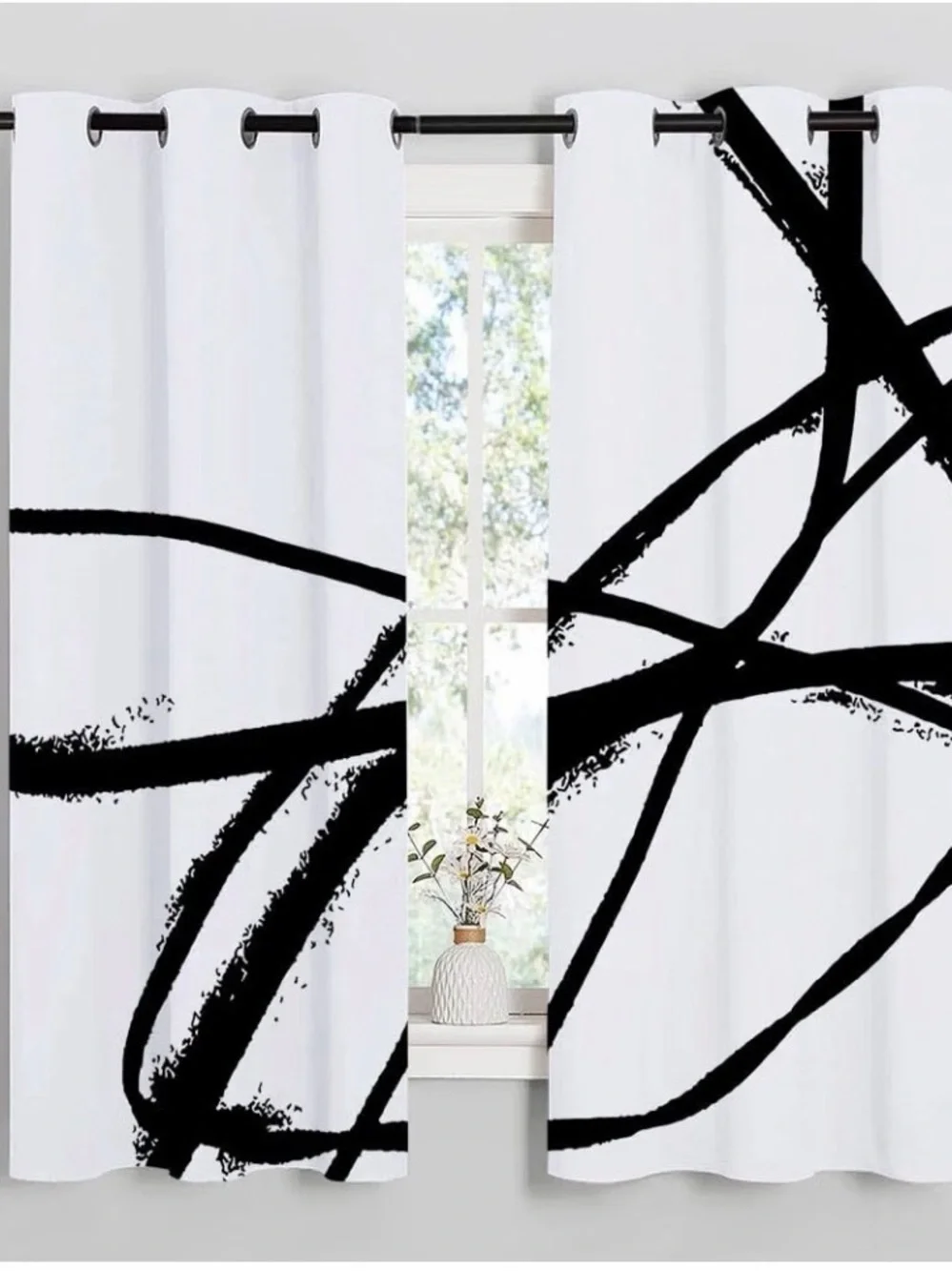 Abstract Black and White Window Curtain Panels and 2 Matching Pillow Covers